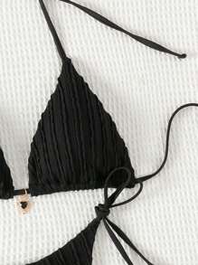 SHEIN Swim Summer Beach Women's Solid Color Halter Neck Two-Piece Bikini Set - Black - View 4