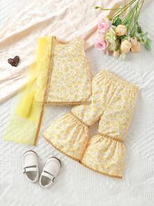 SHEIN طقم ملابس علوية شبكية ذات طبعة رجعية وبناطيل واسعة للفتيات الصغيرات - لون مشمشي - مشاهدة 1