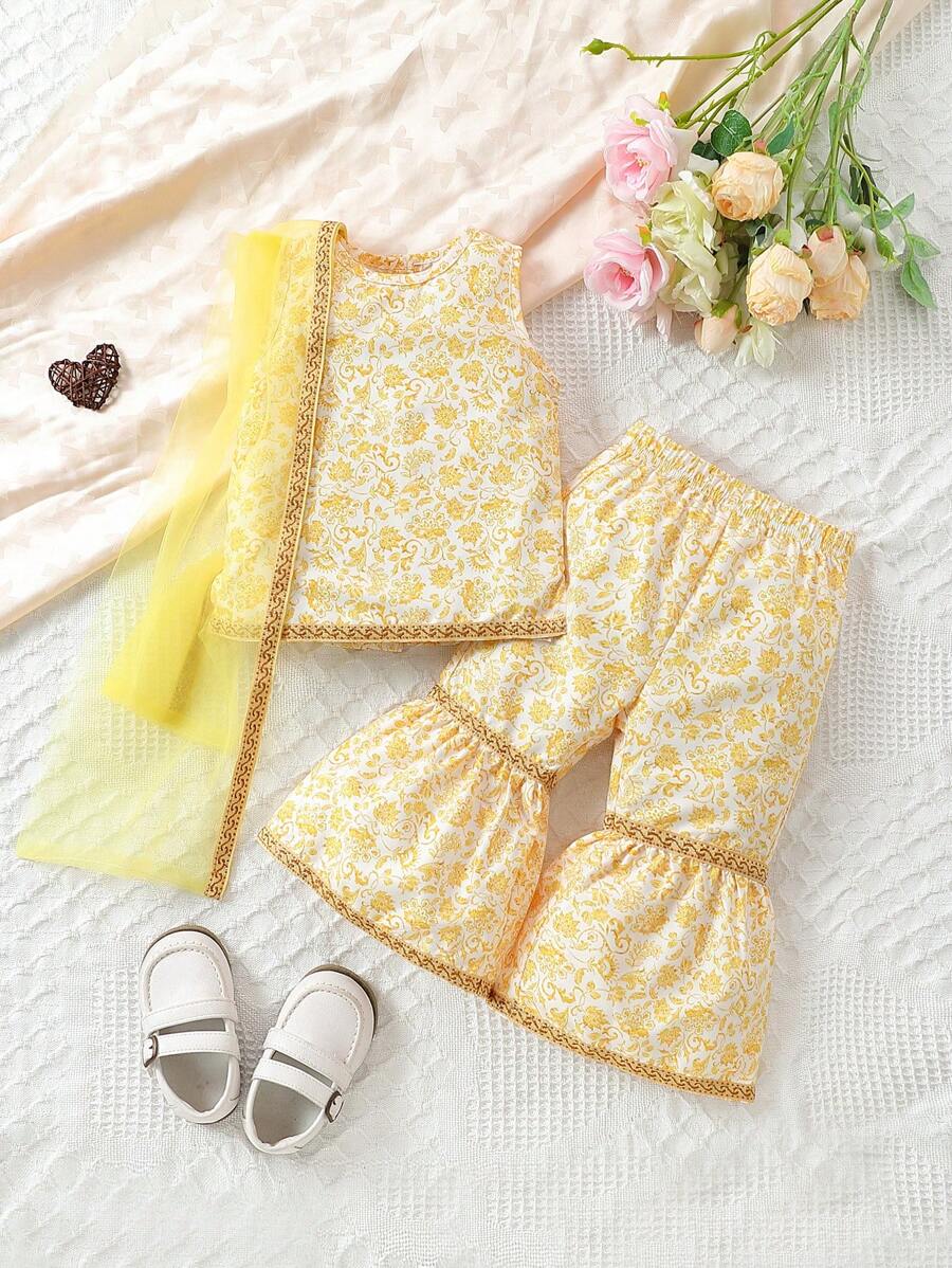 SHEIN طقم ملابس علوية شبكية ذات طبعة رجعية وبناطيل واسعة للفتيات الصغيرات - لون مشمشي - مشاهدة 1