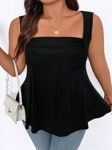 SHEIN LUNE 夏季大尺碼女士打摺方領背心 - 黑色 - 查看 6