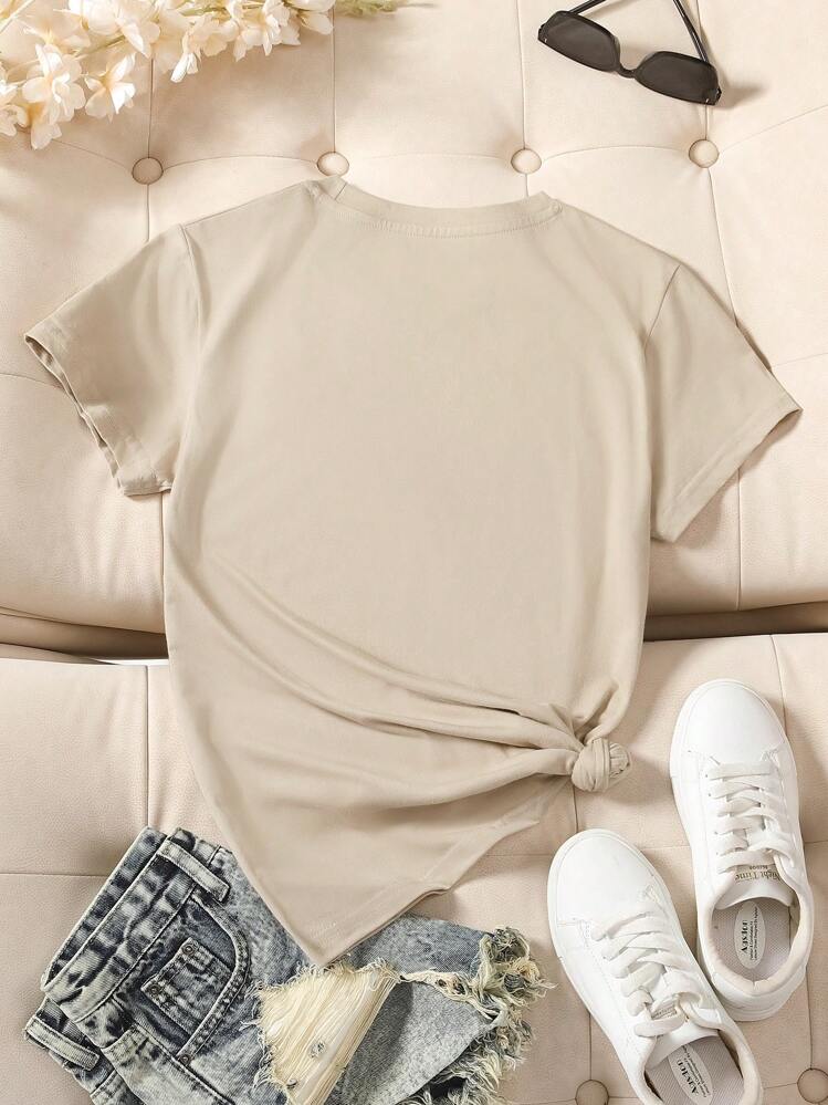 INAWLY 女式圆领短袖 T 恤，带口号印花，保持积极向上，保持前进图案 T 恤女式上衣 - 卡其色 - 查看 2