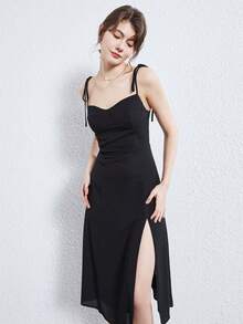 Elegant Solid Color Waist Cinched Split Front Spaghetti Strap Dress - Black - View 4