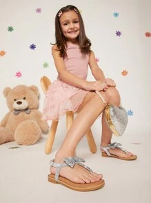 Mini mi Girls Blingbling Silver Crystal Bow Design T-Strap Sandals- Luxury,Stylish, Comfortable