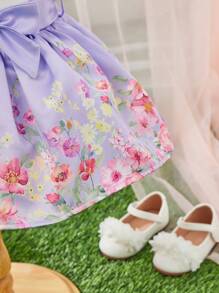 SHEIN 嬰兒女孩休閒度假風格拼接花邊帶細肩帶上衣,花卉印花裙子和腰帶套裝 - 粉色 - 查看 3