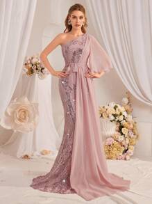 Women's Asymmetrical Neck Sequined Evening Gown Elegant Formal Prom Wedding Guest Dress, For Graduation, Dinner Party Dress - Pink - View 1
