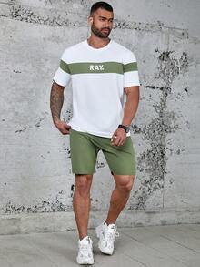 Manfinity Homme 男士加大號彩色拼接字母印花t恤和短褲套裝 - 白色 - 查看 5