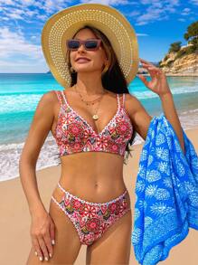 SHEIN Swim Women's Floral All Over Print Cut-Out Double Strap Bikini Set With High Waist, 2pcs/Set Swimwear Summer Beach - Multicolor - View 6