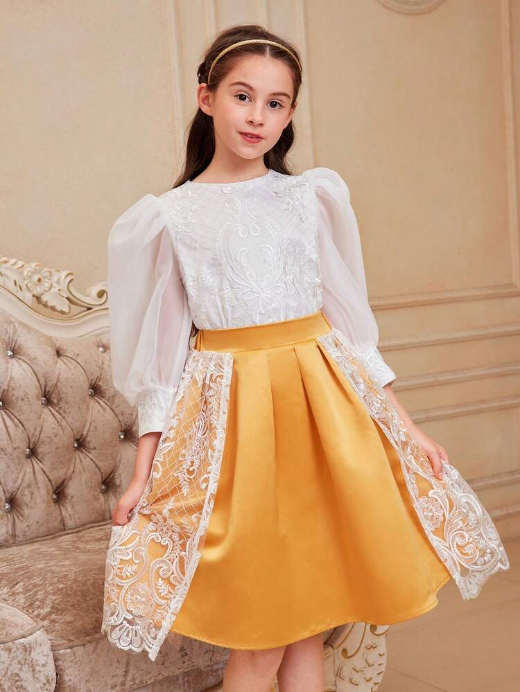 Tween Girl Cute Lace & Organza Splice Round Neck Shirt And Skirt Set