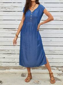 EMERY ROSE Váy denim xanh cổ khoét cài nút đơn giản thường ngày mùa hè - Màu xanh lam - Xem 3
