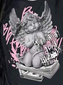 SHEIN 女式短袖 T 恤，带字母和小天使印花图案 T 恤女式上衣 - 黑色 - 查看 4