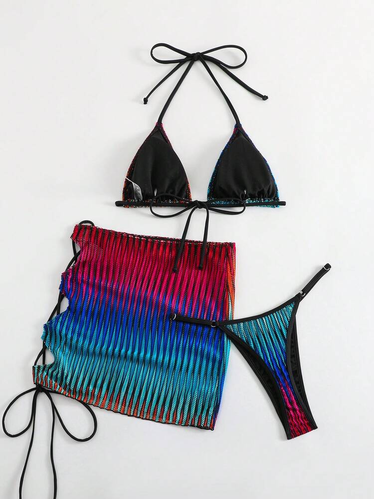 Color Blocking Halter Neck Bikini Set With Separated Swimwear Bottom Summer