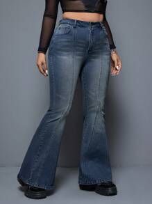 SHEIN ICON 加大尺碼洗水牛仔布喇叭褲,斜口袋設計 - 藍色 - 查看 6