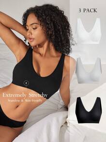 Ocili Leisure 3packExtremely Stretchy Seamless & Skin-Friendly Removable Padding Comfortable Solid Rib Bra - Multicolor - View 4