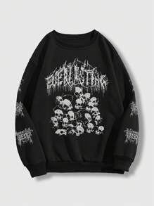 ROMWE Goth 骷髏頭和字母圖案加絨內裏運動衫 - 黑色 - 查看 1