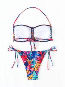 SHEIN Swim Women's Tropical Colorful Leaf Print Lace-Up Bikini Set Summer