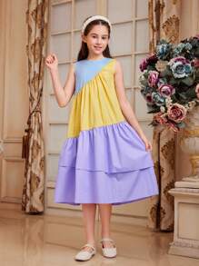 SHEIN Vestido Midi Con Cuello Redondo Y Sin Mangas De Color Contrastado Y Volantes Para Niñas De Tween