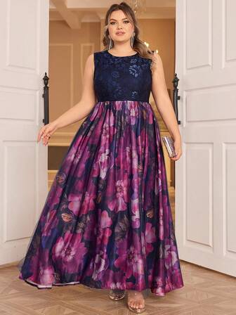 Plus Size Floral Print Lace Splice Evening Party Dress