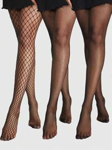 ROMWE Grunge Punk 3双女士个性化组合黑色连裤袜，适合所有季节 - 黑色 - 查看 1