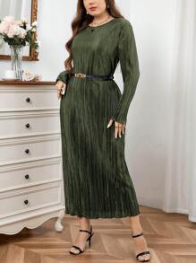 SHEIN Privé Plus Size Elegant Romantic Round Neck Pleated Straight Long Dress For Women, Spring/Summer - Army Green - View 3