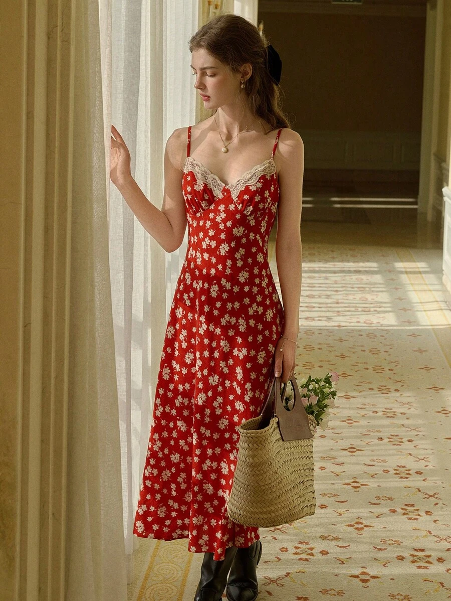 Simple Retro Plus Size Women's Sweet Floral Contrast Lace Spaghetti Strap Dress, French Elegant Vintage Style Summer Vacation Dress - Red - View 1