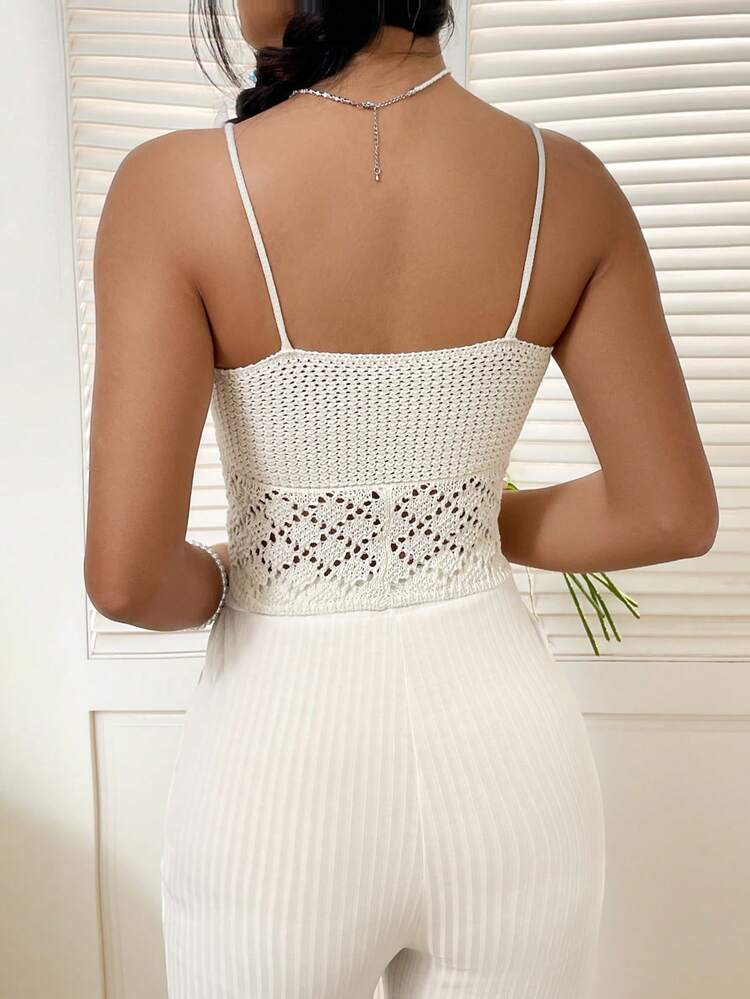 Women's Knitted Camisole Top With Hollow Out Front And Tie Strap