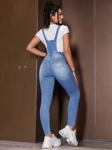 SHEIN EZwear Slim Fit Denim Overalls - Blue - View 2