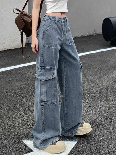 DAZY 翻盖口袋宽松阔腿低腰牛仔裤