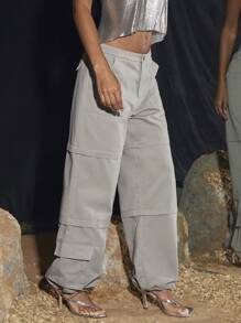 SHEIN BAE Solid Color Zipper Decoration Removable Cargo Pants With Elastic Waist - Grey - View 1