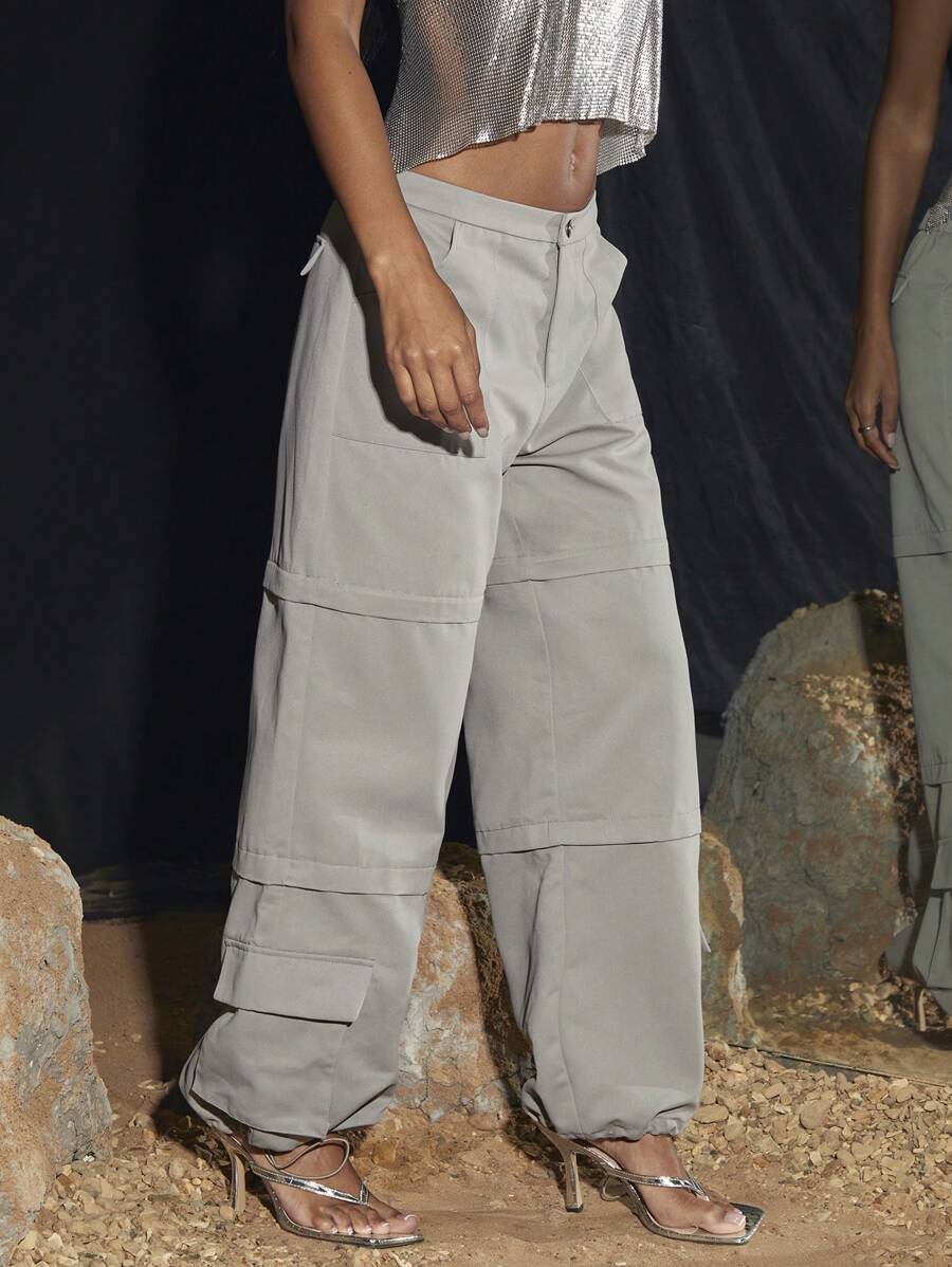 SHEIN BAE Solid Color Zipper Decoration Removable Cargo Pants With Elastic Waist - Grey - View 1