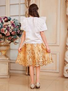 SHEIN Tween Girl Elegant Organza Ruffle Trim Blouse & Embroidered Mesh A-Line Skirt Two Pieces Set - Gold - View 7
