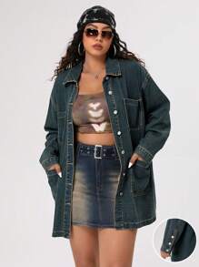 SHEIN ICON 大尺碼女式復古多口袋洗水長外套 - 深色水洗藍 - 查看 1