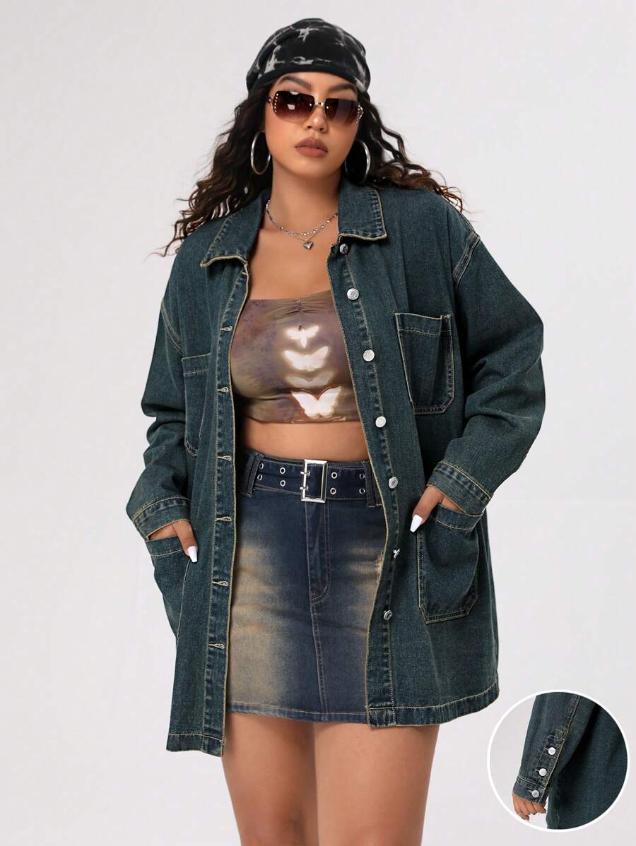 SHEIN ICON 大尺碼女式復古多口袋洗水長外套 - 深色水洗藍 - 查看 1