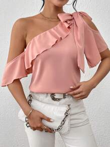 Chiquease Của phụ nữ Giường đơn Màu sắc Bất đối xứng Vòng cổ Viền Ruffle Áo sơ mi - Hồng - Xem 1