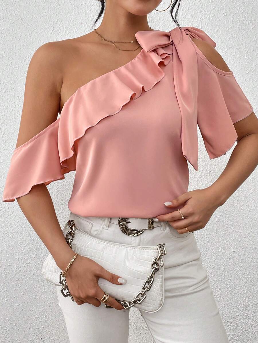 Chiquease Của phụ nữ Giường đơn Màu sắc Bất đối xứng Vòng cổ Viền Ruffle Áo sơ mi - Hồng - Xem 1