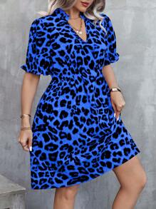 Celure Kích thước lớn Của phụ nữ In hoa Báo Chải Cổ chữ V Eo Kẹp chặt Ngắn tay Đầm - Xanh đậm - Xem 5