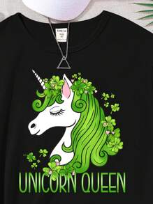 Cô gái Tween Ngày Saint Patrick Cỏ ba lá Kỳ lân in Áo thun - màu đen - Xem 3