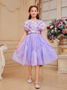 SHEIN 適合青少女的可愛優雅短袖提花花朵襯衫和A字裙套裝 - 紫色 - 查看 1