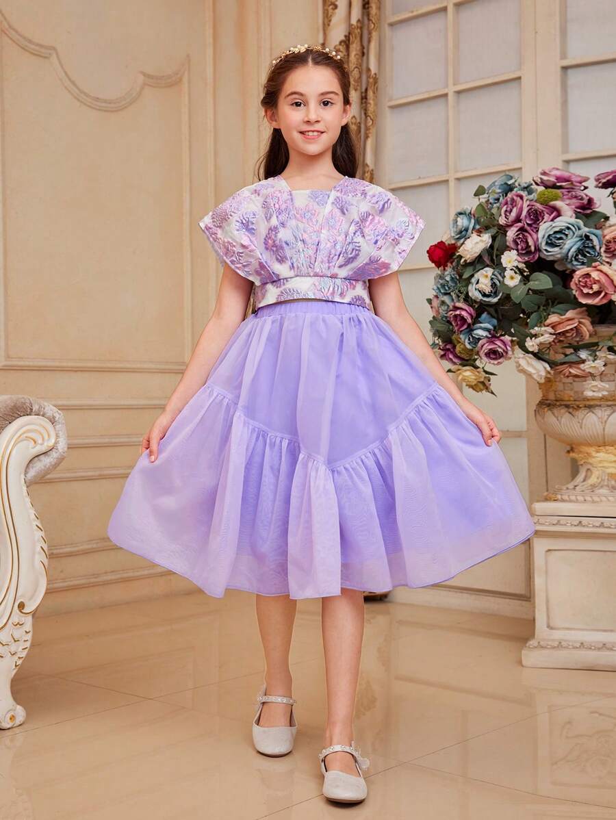 SHEIN 適合青少女的可愛優雅短袖提花花朵襯衫和A字裙套裝 - 紫色 - 查看 1