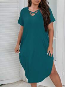 Calvaya Plus Crisscross Front Curved Hem Tee Dress - Teal Blue - View 3