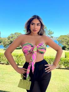 SHEIN SXY 夏季假日風格植物鏈條印花束胸短上衣,前扣帶綁式 - 彩色 - 查看 4