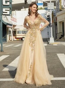 Sequin Embroidery Long Sleeve Mesh Party Dress