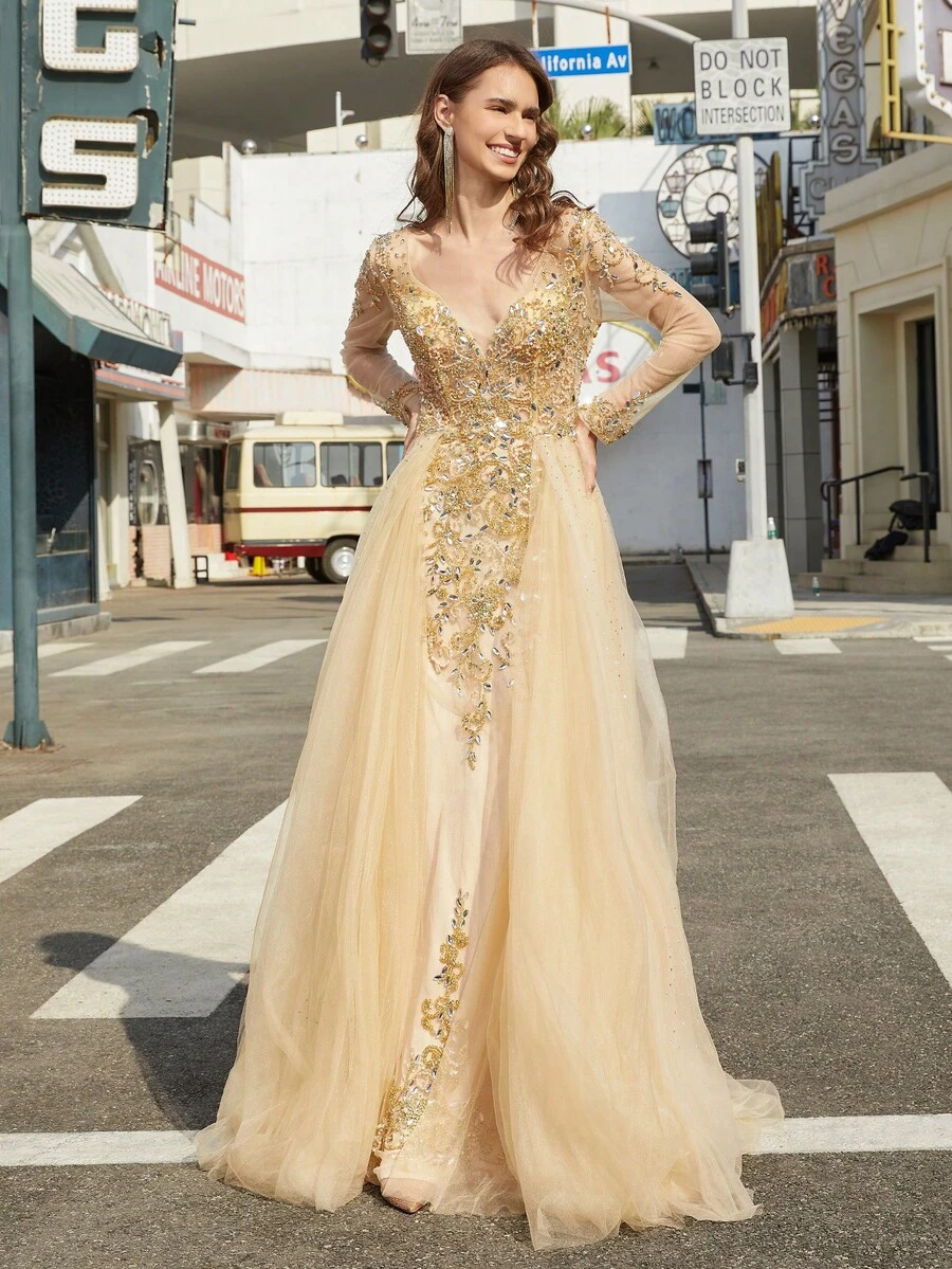 Sequin Embroidery Long Sleeve Mesh Party Dress