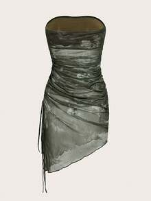 SHEIN ICON Women's Floral Mesh Ruched Strapless Dress - Olive Green - View 2