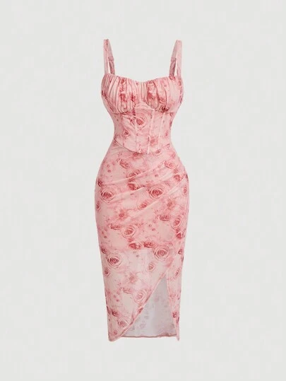 SHEIN MOD Vestido de tirantes finos con estampado floral, cintura imperio y bajo asimétrico