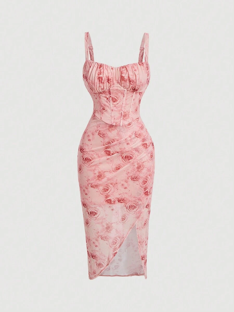 SHEIN MOD 花卉印花高腰不对称下摆细肩带连衣裙 - 粉色 - 查看 1