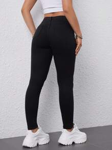 SHEIN Unity Jeans Ajustados De Mujer De Color Sólido Simple Con Bolsillos - Negro - Ver 3