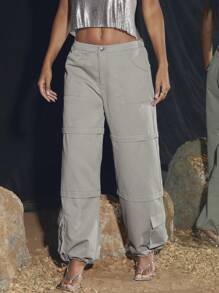 SHEIN BAE Solid Color Zipper Decoration Removable Cargo Pants With Elastic Waist - Grey - View 6