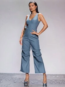 SHEIN BAE Spring/Summer High Waist Pleated Wide Leg Jumpsuit For Casual And Versatile Look - Grey - View 1