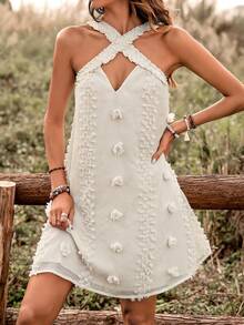 SHEIN VCAY 女式紋理交叉掛脖修身連身裙 - 杏色 - 查看 6