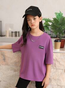 SHEIN 嬰兒級女孩鬆身休閒口號印花落肩t卹,因陽光中的紫外線而一變多色 - 紫色 - 查看 5